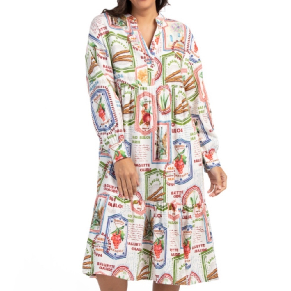 NWT MAISON D'AMELIE Linen Blend Tile Print Long Sleeve Dress With Pockets US L - Picture 2 of 10